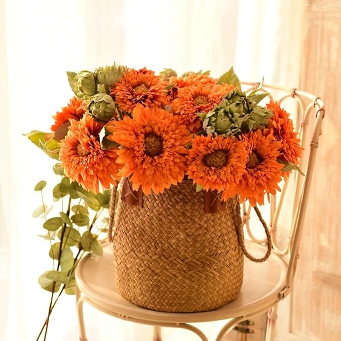 Kimura's Cabin 5Pcs Fake Sunflowers Artificial Silk Flowers Bouquet Long Stems Faux Sunflower Real Touch Chrysanthemum for Wedding Home Garden Birthday Party Indoor Decor(Orange)