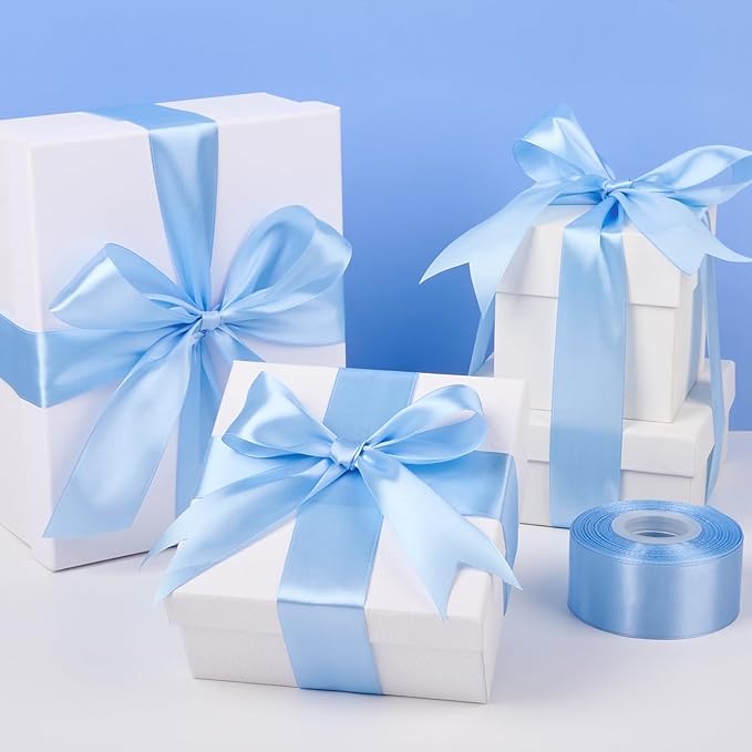 1-1/2 Inch Wide Sky Blue Satin Ribbon, 50 Yards Solid Polyester Fabric Ribbon for Roses Making, Gift Wrapping, Christmas, Wedding Decorations, Crafts, Bows