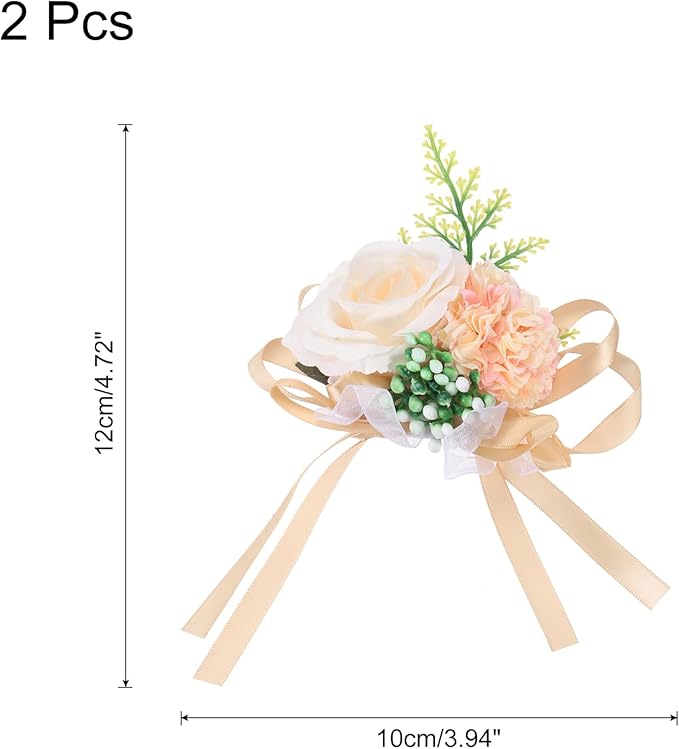 MECCANIXITY Wrist Corsage Artificial Flower Bracelets Pack of 2 Rose Wrist Bride Groom Decorative for Wedding Ceremony Prom Party Anniversary, 10x12cm Light Beige