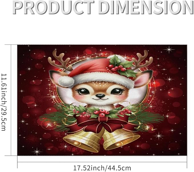 Christmas Xmas Bells Deer Placemats Set of 4 PVC Vinyl Non Slip Table Mats Heat Resistant Place Mats Washable Wipeable Dining Table Mat for Kitchen Decor Party Indoor Outdoor Decorative Gift