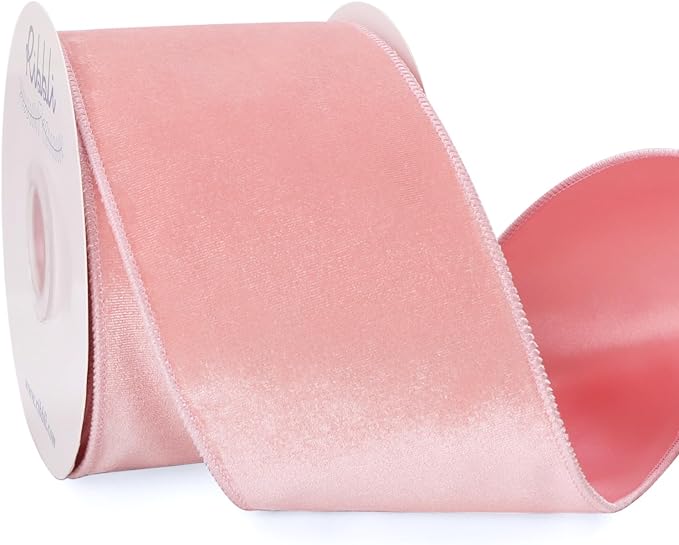 Ribbli Light Pink Velvet Wired Ribbon 4 Inch Velvet with Satin Christmas Ribbon for Gift Wrapping Christmas Tree Decoration Crafts Wreaths Supplies-Continuous 10 Yards