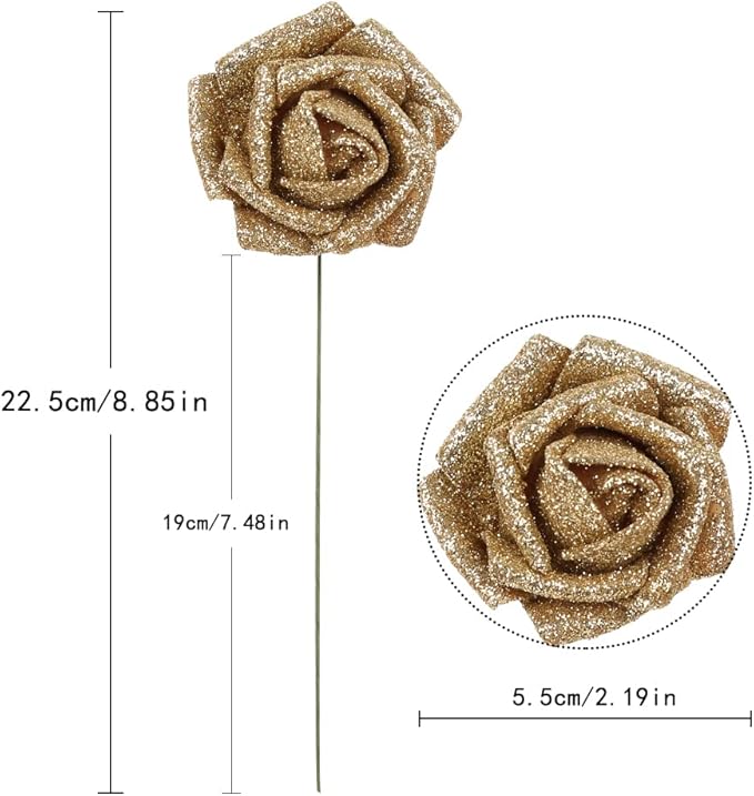 IPOPU Foam Gold Roses,50pcs Glitter Roses Gold Flowers Gold Roses with Stems for DIY Wedding Bridal Bouquet Home Party Decoration(Gold)