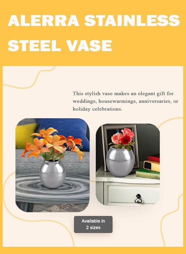 Serene Spaces Living Alerra Stainless Steel Vase, Round Modern Silver Flower Vase, Minimalist Metal Accent for Home, Office, Wedding, or Event Centerpiece, 6.5" Diameter & 6.5" Tall, Pack of 4