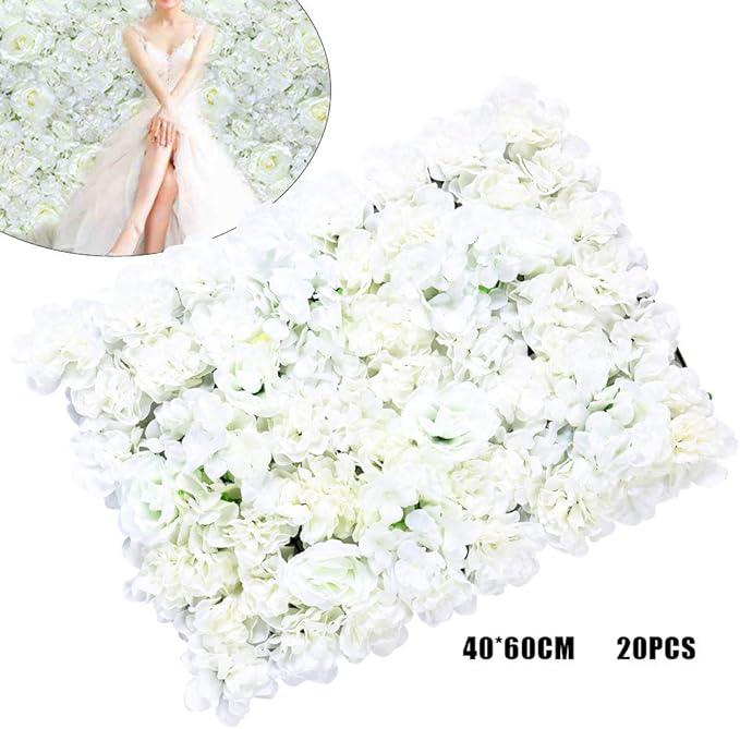 20pcs 24" x 16" Artificial Flower Wall Panel Background,3D White Silk Hydrangea Rose Flowers Wall Backdrop for Wedding Party Event Photo Stage Backdrop Wall Decor (White)