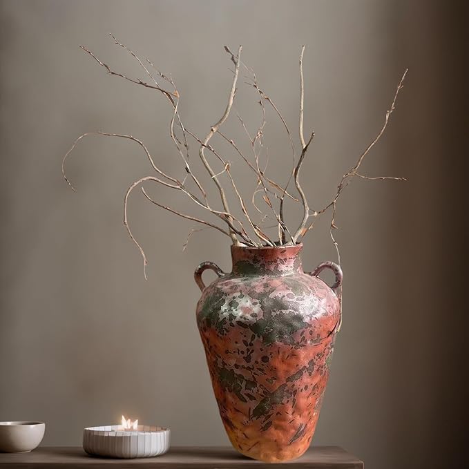 8IN Rustic Farmhouse Ceramic Vase Home Decor, Vintage Stoneware Clay Pottery Terracotta Textured for Modern Farmhouse, Living Room, Office Desk Table Shelf（Brown and Green）