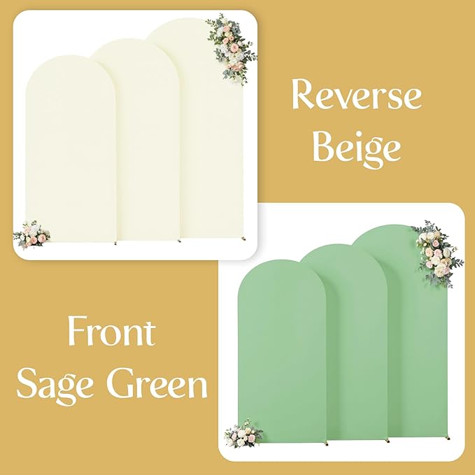 Sage Green Beige Arch Backdrop Cover 7.2FT 6.6FT 6FT Wedding Arch Covers Set of 3 Spandex Fitted Fabric Backdrops Double-Color Arch Covers Stretchy Backdrop for Party Baby Shower Birthday Decoration