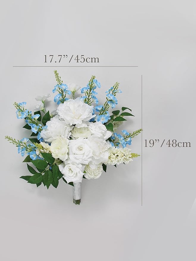 Rinlong 17.7" Wide Wedding Bouquets for Bride Baby Blue Delphinium White Bridal Bouquet for Wedding Artificial Flowers Bouquets