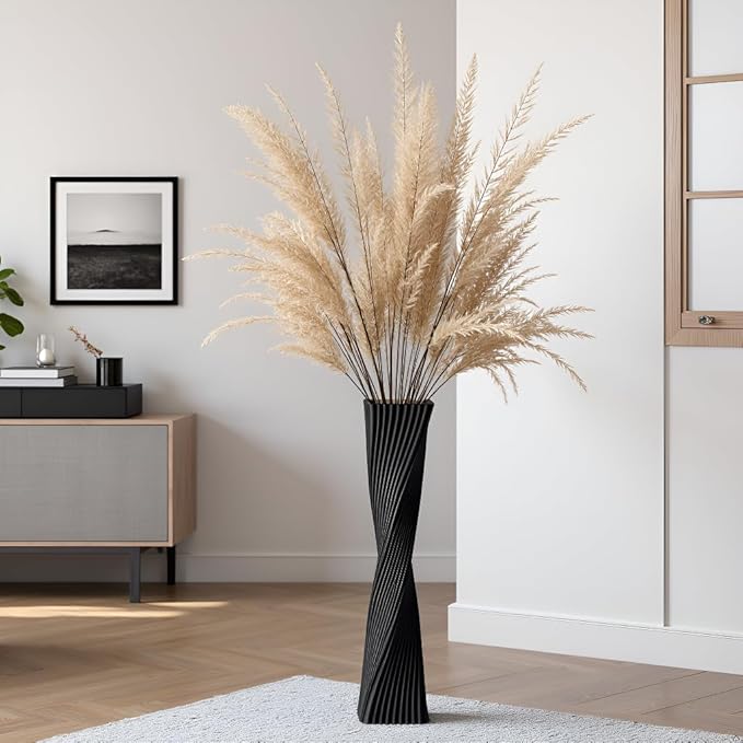 23.6" (60cm) Tall Black Floor Vase for Pampas Grass, Floor Vases for Modern Geometry Decor - Minimalist Skinny Unique Shape Flower Vase for Farmhouse Entryway, Fireplace,Shelf