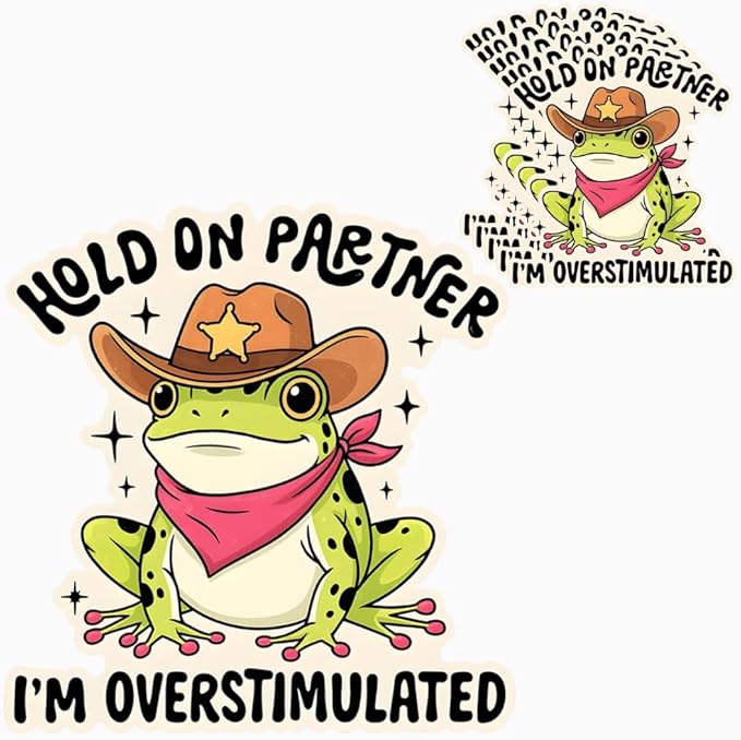HANDICHI Design 5-Pack 5 Inch Hold On Partner I’m Overstimulated Stickers – Funny Meme Vinyl Decals for Water Bottles, Laptops, Journals, Scrapbooks – Sarcastic Gift for Frog Lovers
