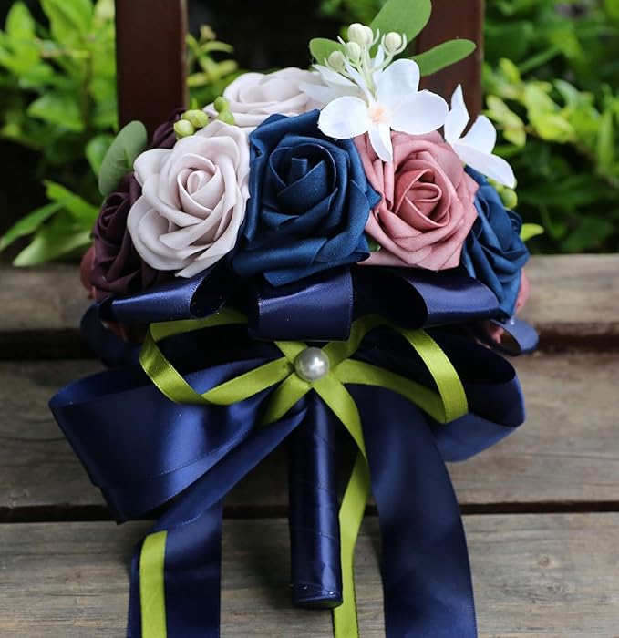Lightweight Bridal Wedding Bouquet Round Holding Bouquet Throw Toss Artificial Rose Flower Bunch for Bride Bridesmaid Wedding Quinceanera (Navy, Smoky Rose, Light Taro & Dark Puce, 6.7")