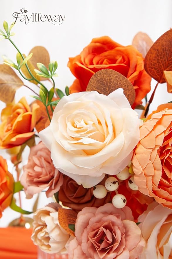 Artificial Flowers Fall, Orange Faux Flowers with Stems Silk Mix Peony Combo Box Set for DIY Bridal Wedding Bouquets Table Centerpieces Baby Shower Party Home Decorations