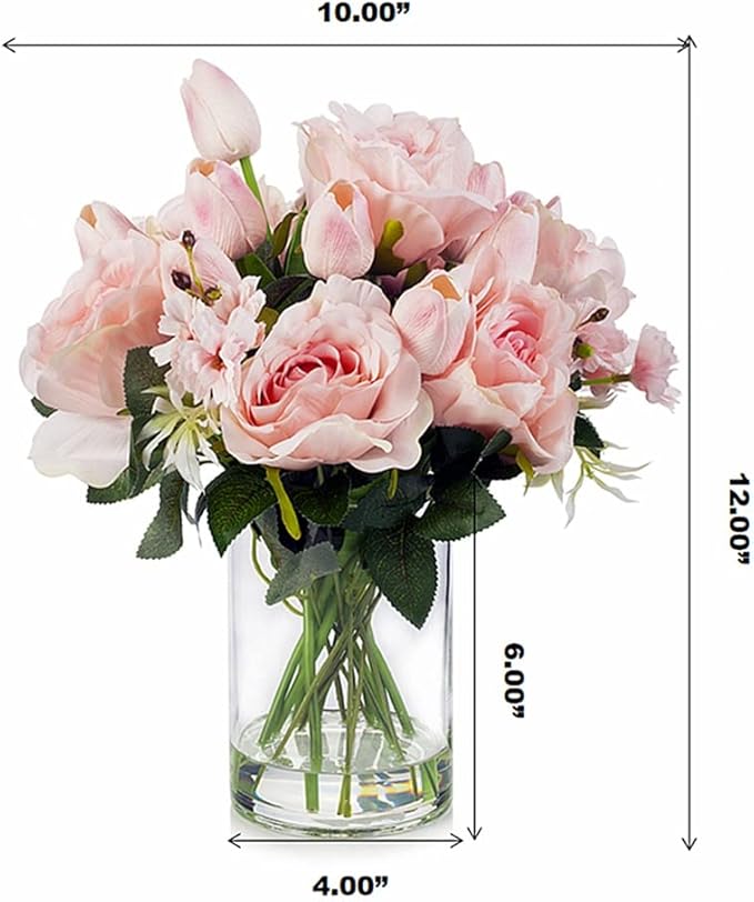 ENOVA FLORAL Pink Tulip Artificial Real Touch Flowers in Vase, Mixed Fake Tulips Fake Flowers and Silk Rose Artificial Flowers with Vase for Dining Table Decoration (Pink)