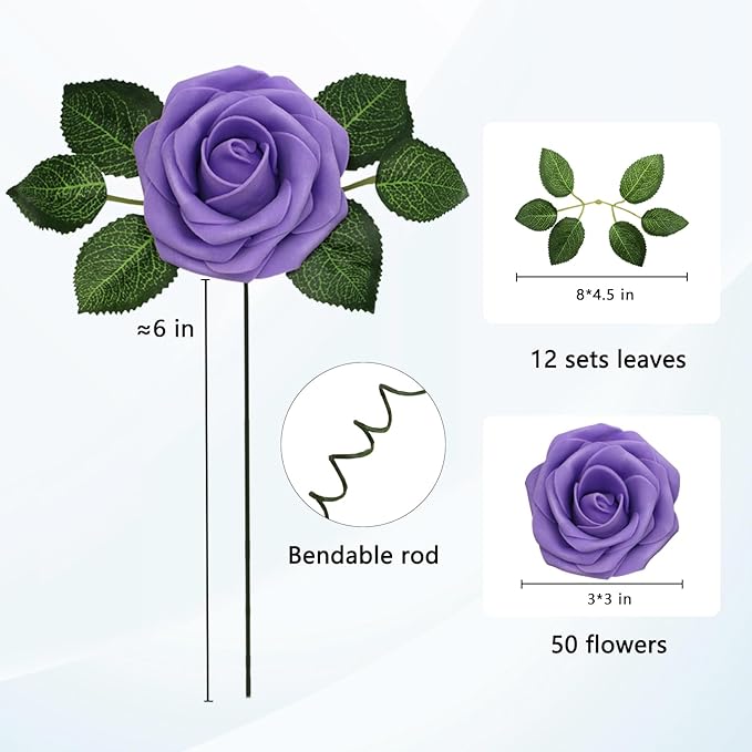 JOYLEX Artificial Flowers Realistic Roses, 50pcs Real Looking Fake Roses with Stem for DIY Wedding Bouquets Centerpieces Bridal Shower Party Home Romantic Decorations (50pcs, Purple)