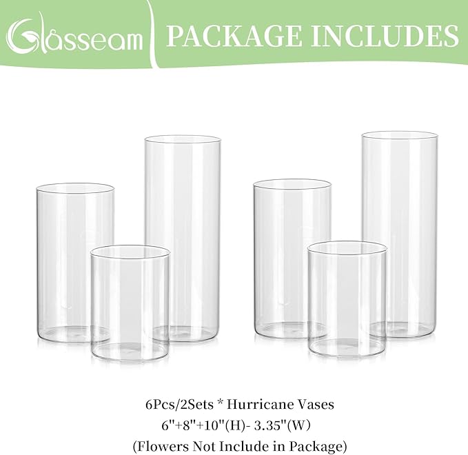 Glasseam Clear Glass Cylinder Vase, 6pcs Glass Vases for Centerpieces, Modern Floating Candle Vases for Flowers, Hurricane Vase Decor Candle Holder for Pillar Candles Wedding Deco (5.5"/7.5"/9.5")