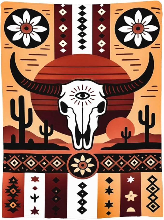Western Boho Bull Skull Blanket Southwest Aztec Tribal Southwestern Navajo Throw Blanket Soft Cozy Fleece Fuzzy Stuffed Plush Flannel Gifts for Girls Women Boys Kids Adults 60''x80''