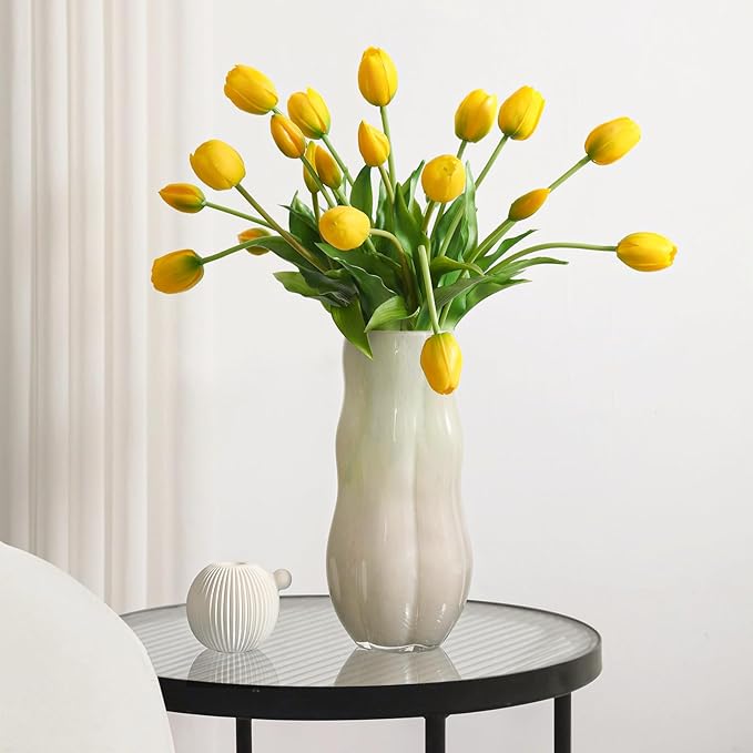 Artificial Tulips 20pcs Fake Yellow Tulips Real Touch, Faux Latex Tulips Flowers with Gift Box for Party Wedding Home Room Decoration