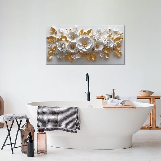 IDAFU Flower Wall Art White Foral and Golden Leaves Wall-décor White Wall Art Floral Painting Pictures for Living Room Bathroom Bedroom Kitchen Office Cuadros Decorativos Para Sala Decor 30L x 16W