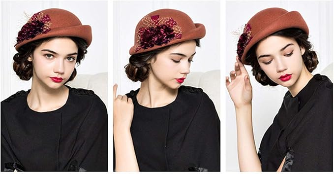 ORIDOOR Women Vintage 100% Wool Felt Flowers Bucket Cloche Bowler Hat Church Wedding Beret Hat
