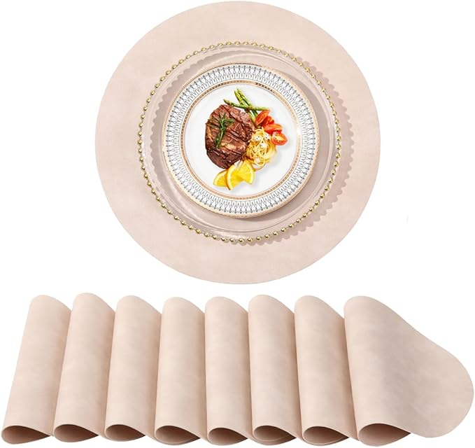 UnivoColors PU Leather Placemats Set of 8,15 Inches Round Washed Cowhide Pattern Table Mats for Dining Table, Kitchen, Party Decoration(Retro Beige)