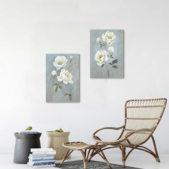 Flower Canvas Abstract Wall Art: 2 Pieces White Floral Prints Artwork Vintage Peony Bouquet Botanical Painting Picture for Bedroom Living Room Bathroom Home Office