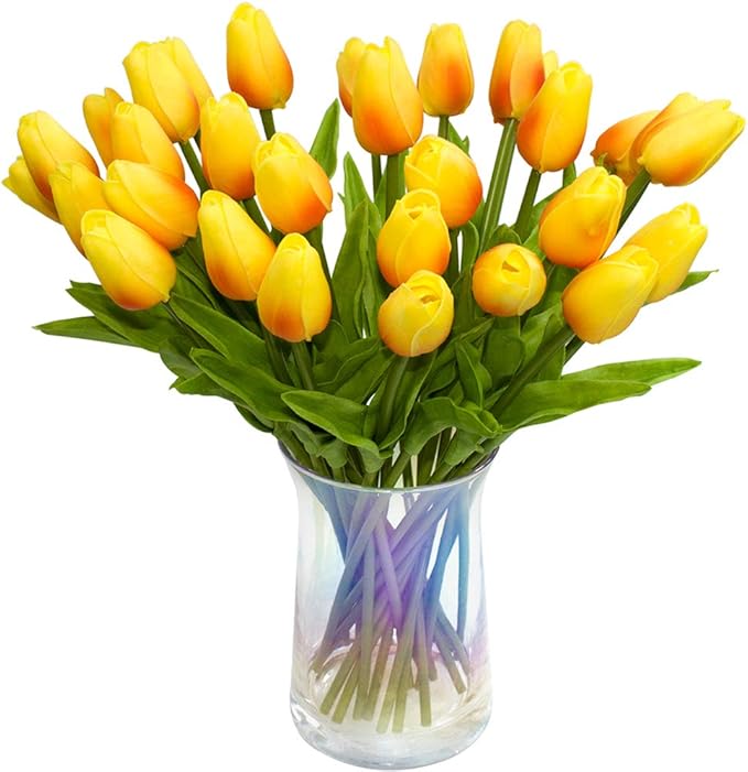 30pcs Artificial Tulips Flowers Real Touch Orange Tulips Fake Holland PU Tulip Bouquet Latex Flowers for Wedding Party Office Home Kitchen Decoration (Orange)