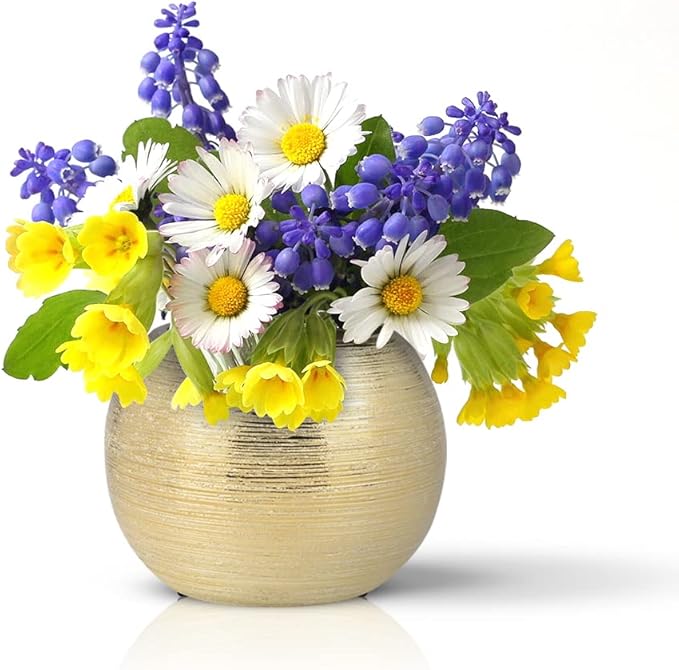 Gold Ceramic Flower Vase Home Decor Vase Centerpieces Vases Metallic Round Bowl Vases for Living Room,Bedroom,Kitchen,Countertop (Gold), Dia 7'' (21005-GD)