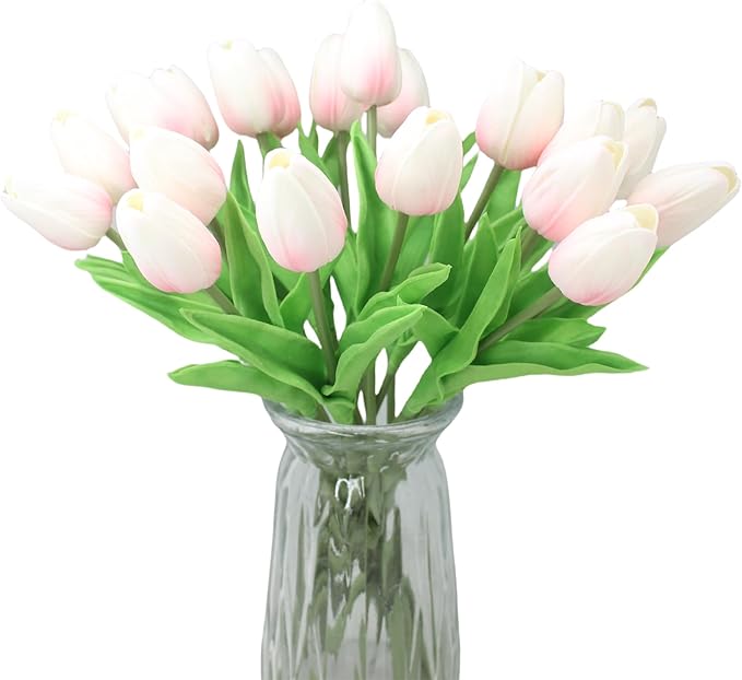10-Heads Home Decor Mini Tulip Real Touch Tulip Artificial Flowers Bouquets for Home Wedding Party Centerpiece Decoration (Pink and White)