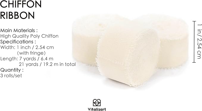Vitalizart Ivory White Chiffon Silk Ribbon 1" x 21 Yd Fringe Fabric Package (3 Rolls * 7 Yd) for Wedding Invitations Bridal Bouquets Decorations Gifts Wrapping & Bow Making Cream