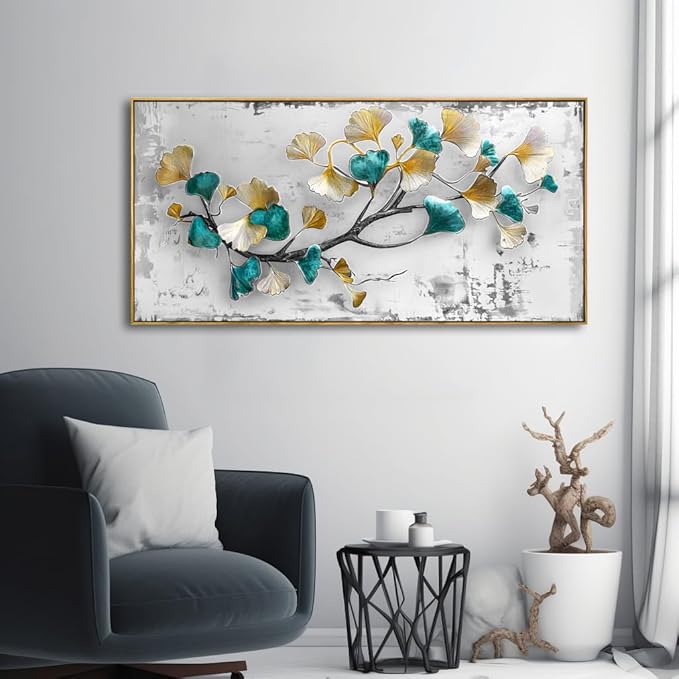 Wall Art Ginkgo Leaf Modern Botanical Artwork Canvas Painting for Living Room Bedroom Dining Room Home Office Decor 20"x40" with Framed