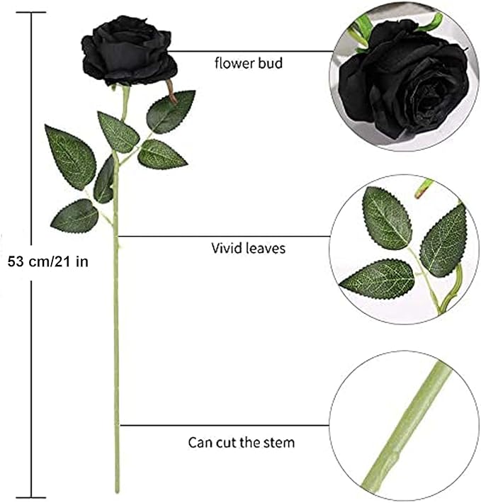 Laelfe 12 PCS Artificial Flowers Black Roses, Fake Silk Flower Long Stem Artificial Rose for Halloween Home Wedding Party Decorations(Black)
