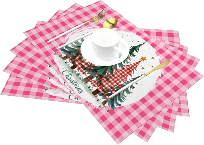 PVC Placemats Set of 6 Wipeable Table Mats Washable Heat Resistant Non Slip Vinyl Dining Table Mat for Kitchen Indoor Outdoor Patio Farmhouse Place Mats Pink Grid Christmas Tree Decorative