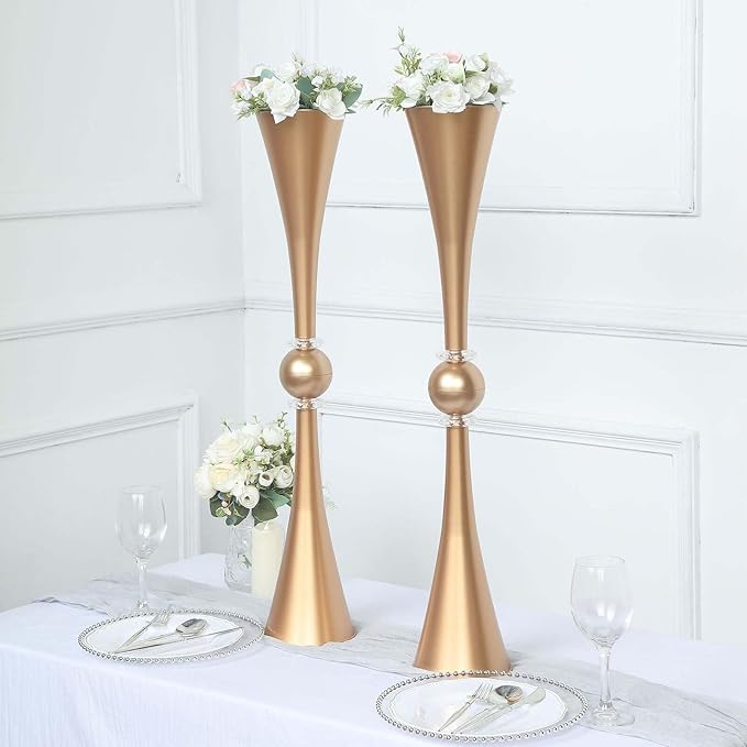 Efavormart 2 Pack | 31" Gold Crystal Embellishment Trumpet Table Centerpiece, Reversible Plastic Flower Vase
