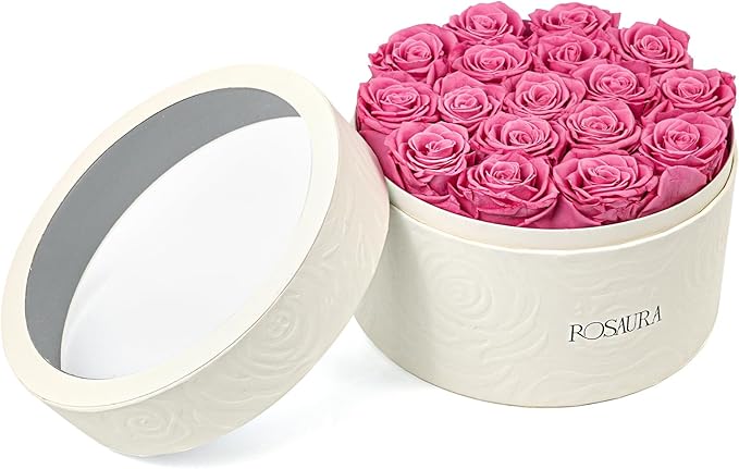 Rosaura Round Preserved Roses Gift Box - Real Forever Flowers for Birthday, Valentine's & Mother's Day (Pink, 17 Roses)