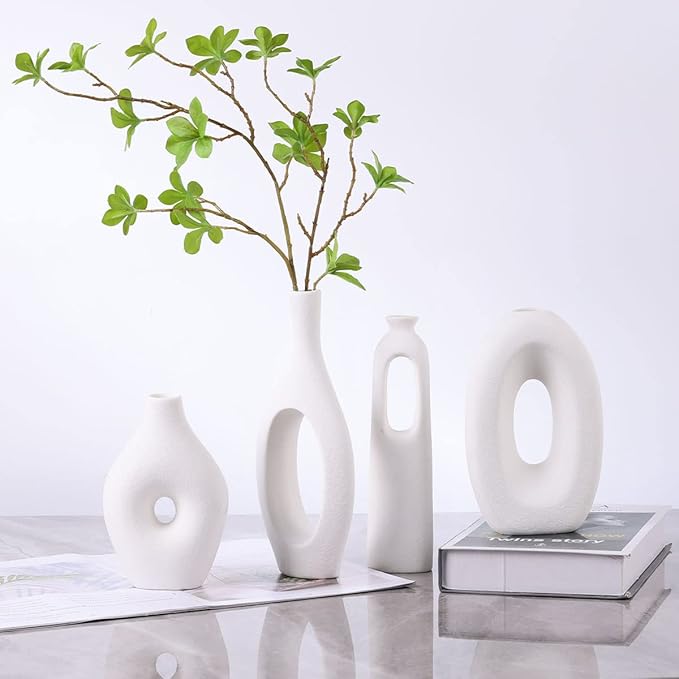 White Ceramic Vase Set of 4 - Round Hollow Boho Vases for Pampas Grass and Flowers Decor, Modern Minimalist Small Vases for Living Room, Bedroom, Fireplace, Coffee Table Decor and Centerpieces