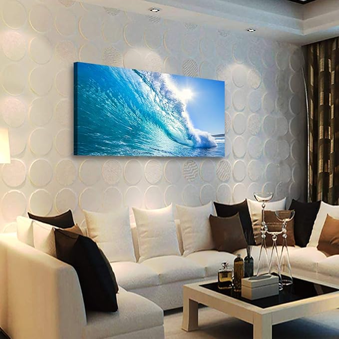 Blue Secape Canvas Prints Wall Art Blue Ocean Wave Surfing Sea Picture Paintings on Canvas Modern Canvas Art for Living Room Bedroom Office Wall Decorations Ready to Hang-24x48inches
