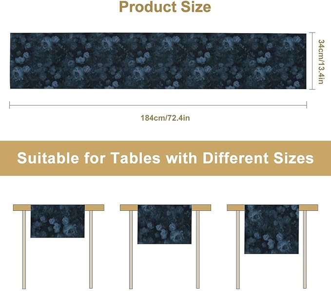 Gothic Floral Table Runner, Retro Dark Blue Flower Garden Witchy Rose Print Coffee Table Center Decor for Home Kitchen Dining Patio Holiday Party Indoor Outdoor Table Decorations 13x36 inches