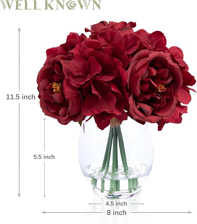 Artificial Flowers Silk Peonies & Hydrangea in Glass Vase with Fake Water, Fake Rose Bouquet Arrangement with Vase for Home Wedding Christmas Party Decor as Table Centerpieces & Gift (Classical Red)