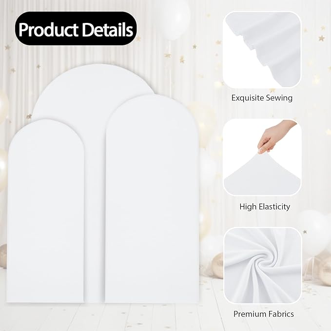 WEERRW Wedding Arch Cover White Spandex Fitted Set of 3 Balloon Arch Stand Covers Round Top Chiara Stretchy Backdrop for Birthday Party Baby Shower Banquet Decoration (6FT, 6.6FT, 7.2FT)