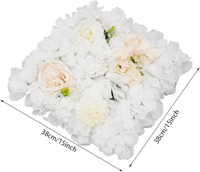 12Pcs Artificial Flower Wall Panel 3D Floral Backdrop Walls15 X 15" Flower Wall Decor Panel Flower Backdrop for Party Home Background Decor, White & Champagne