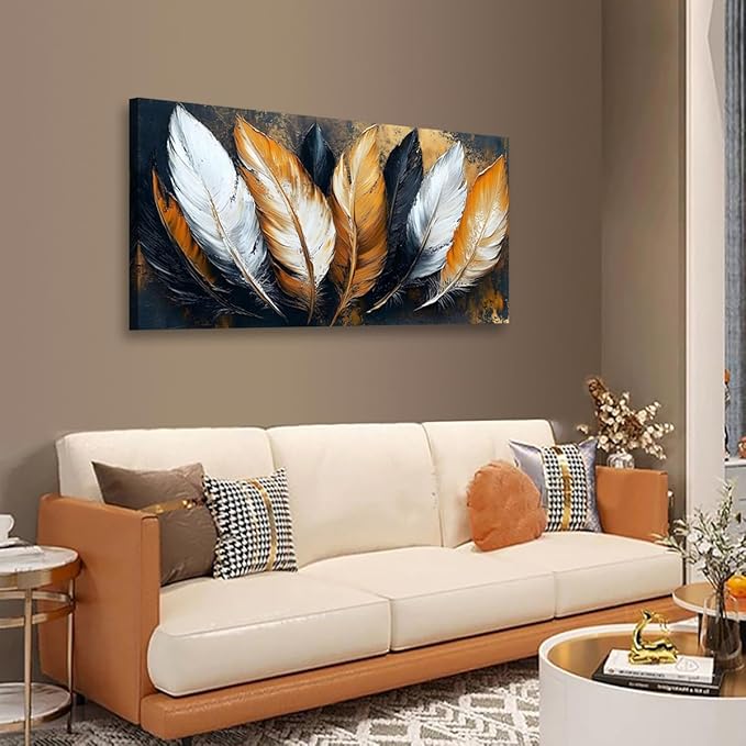 Abstraction Pictures Canvas Wall Art for Living room Office Bedroom Wall Decor,Feather Wall Art Print Paintings Modern Autumn White Yellow Feather Artwork Waterproof Ready to Hang-20x40inch