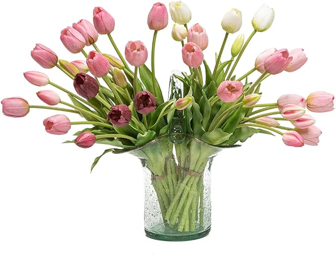 40pcs Artificial Tulips Flowers Real Touch Fake Latex Bouquet for Wedding Party Office Home Kitchen Decoration(Light Purple Suit 40pcs)