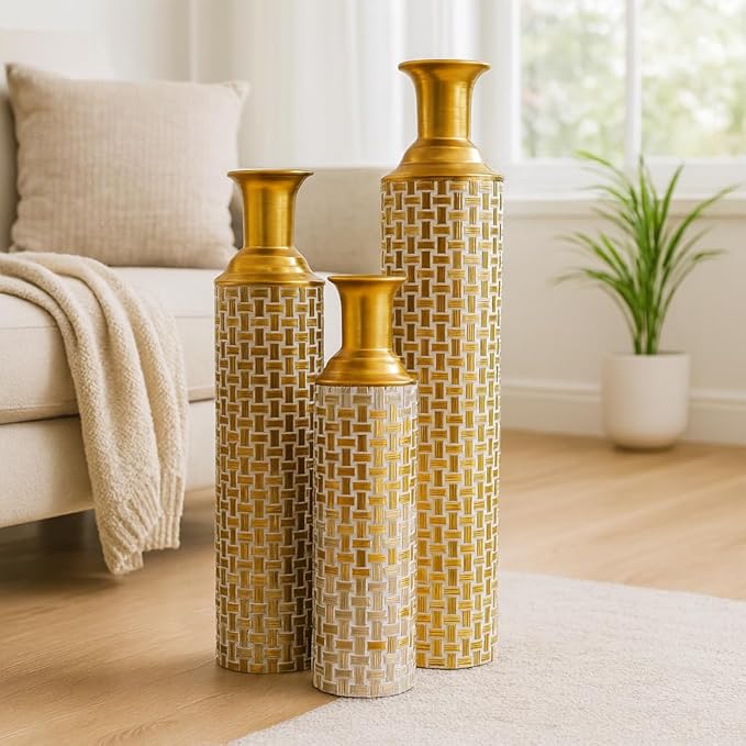 Leewadee Set of 3 Large Floor Vases – Decorative Tall Metal Vases in Gold White (30/24/20 inches) – Elegant Home Decor for Stylish Interiors