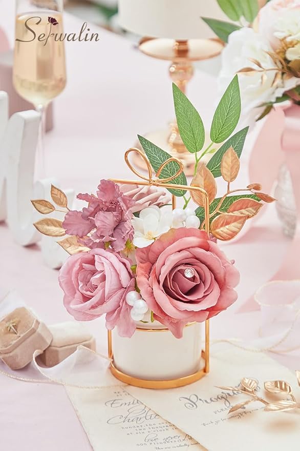 Serwalin 2PCS Artificial Flowers Wedding Dusty Rose Flowers Silk Flowers Fake Cake Flowers for Wedding Bouquets Centerpieces Cake Decor Baby Shower Home Decor