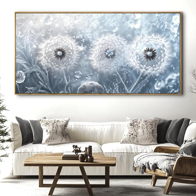 Dandelion Landscape Wall Art - Large Framed Canvas Painting for Living Room, Bedroom, Modern Artwork Decor - 48x24 Inch Ready-to-Hang