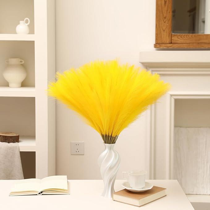 Faux Yellow Pampas Grass - 30pcs 24 Inch Short Artificial Pampas Grass Decor, Fake Pompas Floral for Vase Filler, Wedding Flower Arrangement, Party and Home Decor (Yellow, 30 Pieces)