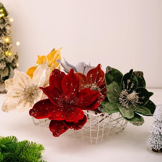 Set of 4 Gold Glitter Christmas Floral Decorations with Soft Flannelette, 15x26cm Artificial Flowers for Holiday Tree Ornaments, Wreaths, and Festive Tabletop Arrangements