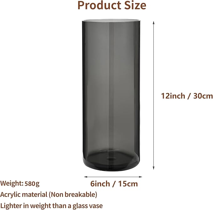 Flower Vase, Non-breakable Vases, 6" W x 12" H, Acrylic Grey Vase, Aesthetic Room Decor Cylindrical Modern Flower Vases for Table Centerpiece, Home Decor, Women Floral Arrangement Gift