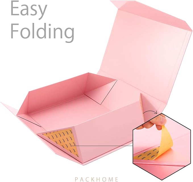 PACKHOME Large Gift Box with Lid 13.5x9x4.1 Inches, Sturdy Collapsible Gift Box with Magnetic Closure (Glossy Pink)