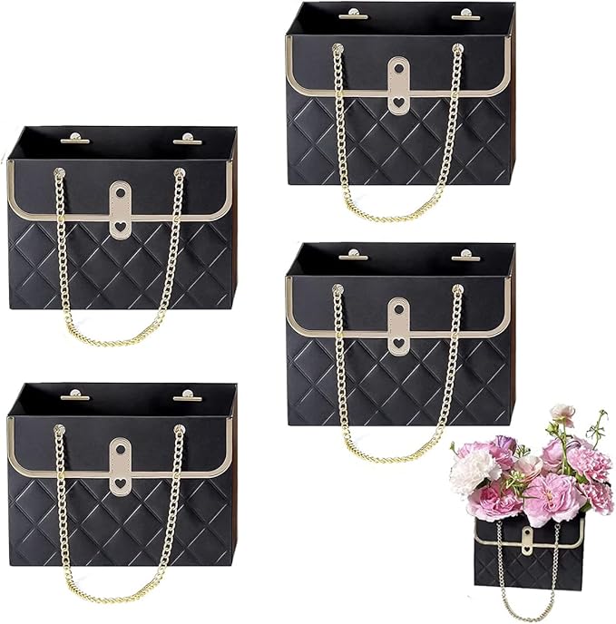 NADUSEP 4 PCS Flower Paper Gift Bag, Bouquet Storage Bucket Florist Handbag with Metal Chain Flower Boxes, Gift Wrap Bag for Arrangements Graduation Wedding Birthday Anniversaries Party, Valentine's Day, Mother's Day Bridal Shower, Anniversary, Thanksg...