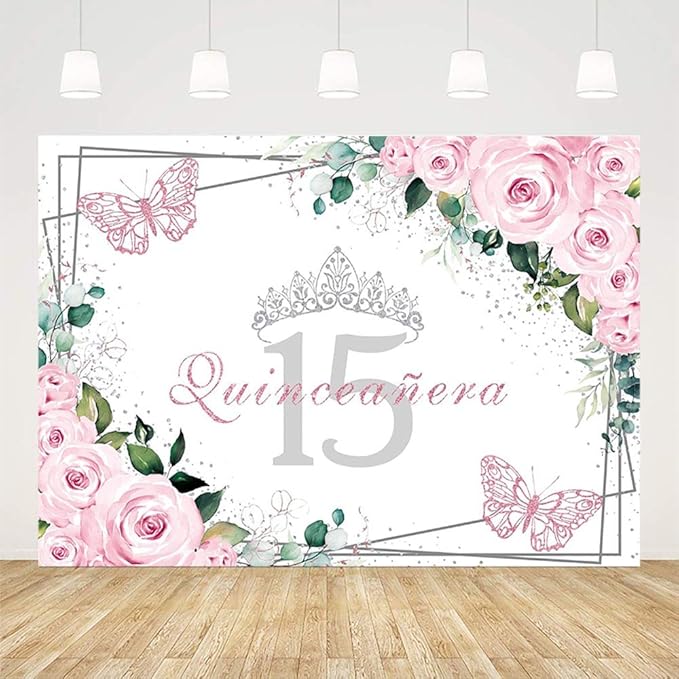SENDY 10x7ft Quinceañera Backdrop Mis Quince 15 Anos Birthday Party Decorations Supplies for Girl Princess Pink Floral Butterfly Silver Crown Photography Background Banner Photo Booth Studio Props